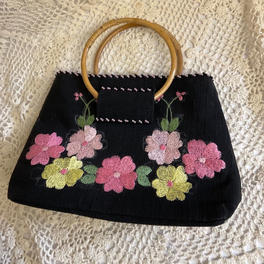 Royal Rose Floral Embroidered Handbag Womens Small Black Bamboo Handle